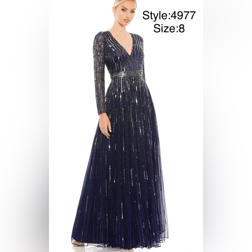 V neckline embellished long sleeve A-line gown